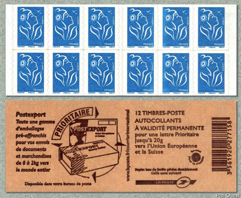 Carnet de 12 timbres Marianne de Lamouche Europe auto-adhésifs
