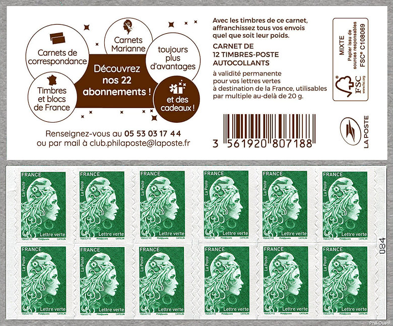 Image du timbre Marianne d'Yseult Digan- Carnet de 12 timbres autoadhésifs pour lettre verte jusqu'à 20g  - Découvrez nos 22 abonnements