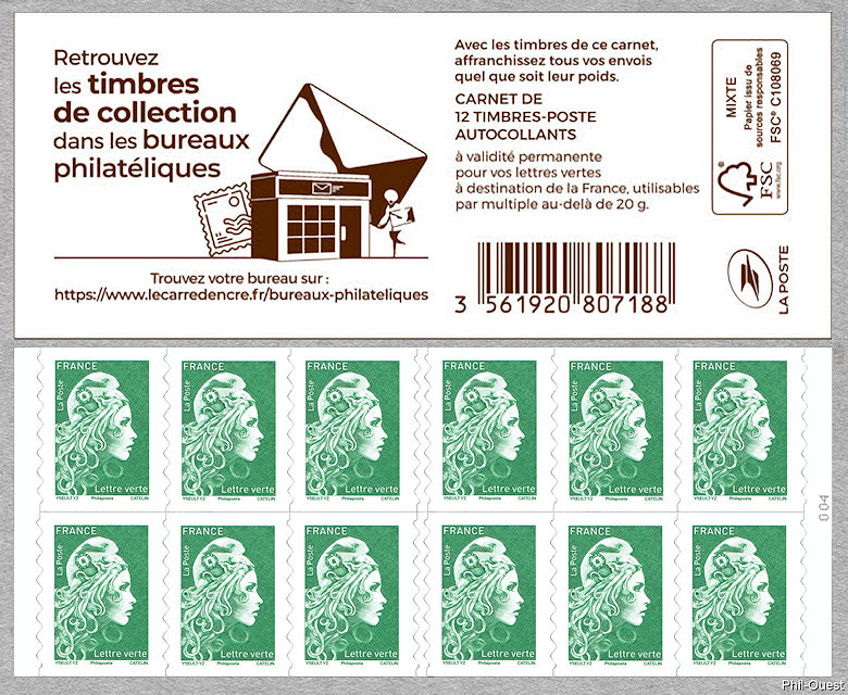 Marianne d´Yseult Digan<br /> Carnet de 12 timbres autoadhésifs pour lettre verte jusqu´à 20g<br />Retrouvez les timbres de collection dans les bureaux philatéliques