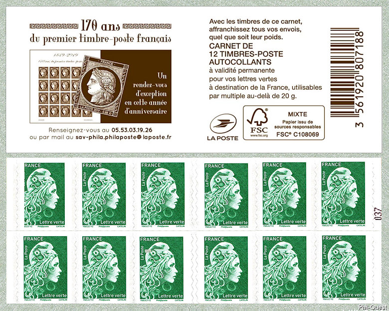 Image du timbre Marianne d'Yseult Digan- Carnet de 12 timbres autoadhésifs pour lettre verte jusqu'à 20g - 170 ans du premier timbre-poste français