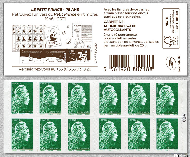 Marianne d´Yseult Digan<br /> Carnet de 12 timbres autoadhésifs pour lettre verte jusqu´à 20g  -  Le Petit Prince 75 ans  1945-2021