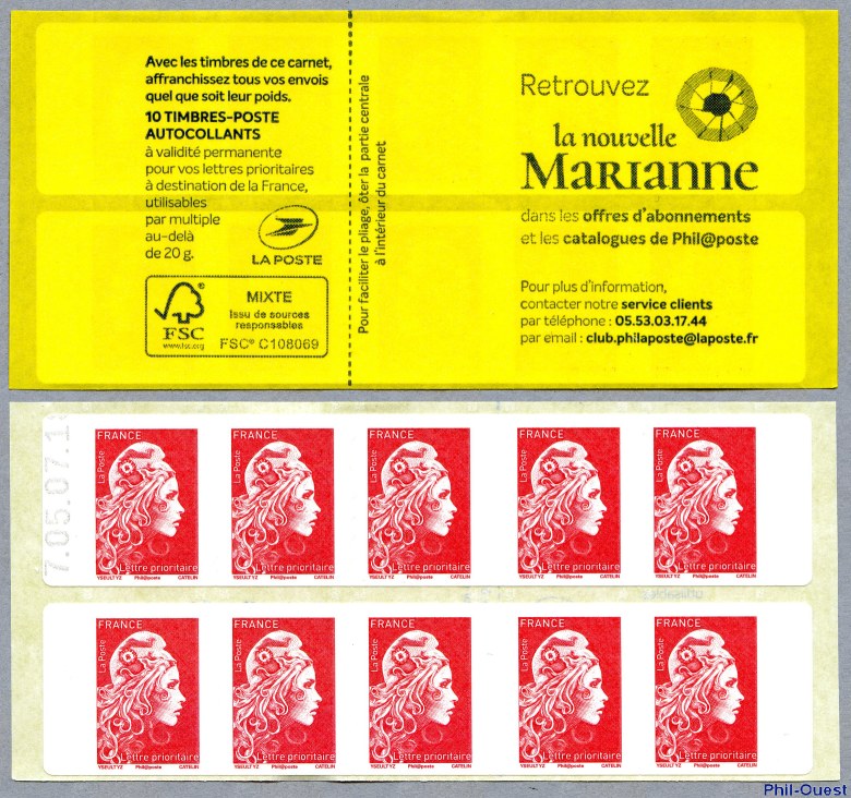 Marianne d’Yseult Digan<br /> Carnet de distributeur de 10 timbres autoadhésifs pour lettre prioritaire jusqu´à 20g