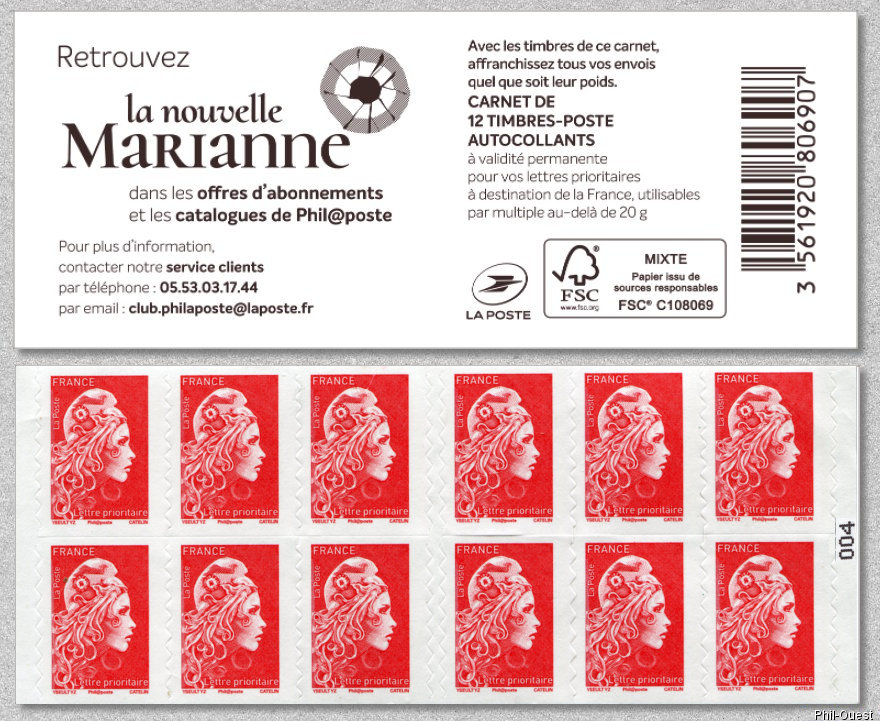 Marianne d’Yseult Digan<br />
Carnet de 12 timbres autoadhésifs pour lettre prioritaire jusqu´à 20g