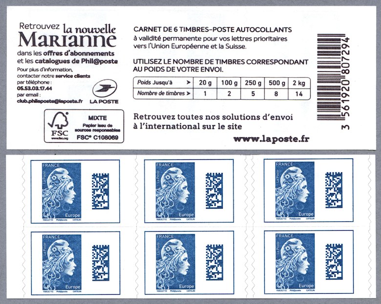 Marianne d´Yseult Digan<br /> Carnet de 6 timbres autoadhésifs pour lettre prioritaire jusqu´à 20g pour l´Europe