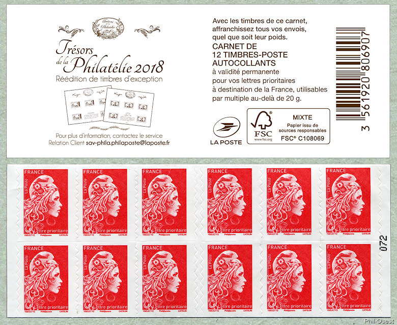Image du timbre Marianne d'Yseult Digan- Carnet de 12 timbres autoadhésifs pour lettre prioritaire jusqu'à 20g «Trésors de la Philatélie 2018»
