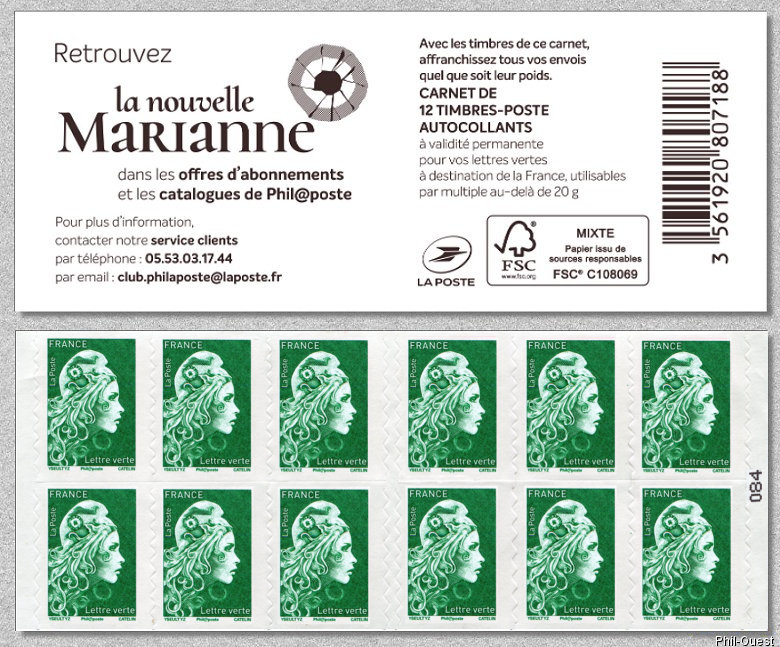 Marianne d’Yseult Digan<br /> Carnet de 12 timbres autoadhésifs pour lettre verte jusqu´à 20g « <i>La nouvelle Marianne</i> »