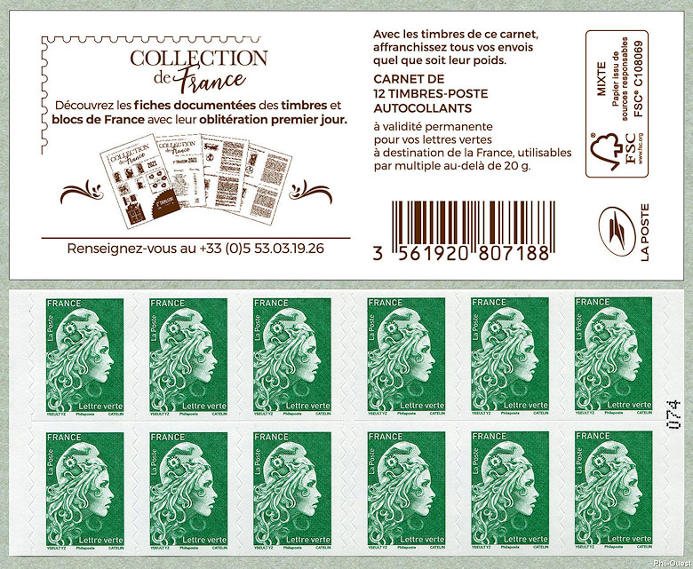 Image du timbre Marianne d'Yseult Digan - Carnet de 12 timbres autoadhésifs pour lettre prioritaire jusqu'à 20g -Retrouvez le patrimoine de France en timbres