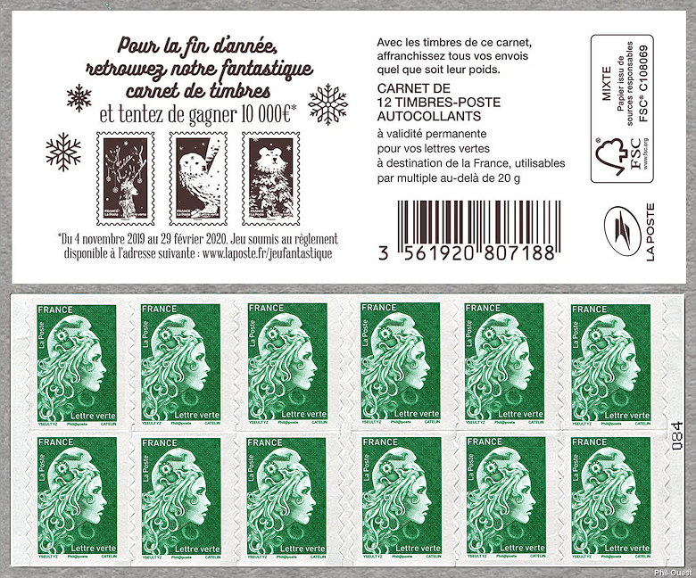 Marianne d´Yseult Digan<br /> Carnet de 12 timbres autoadhésifs pour lettre verte jusqu´à 20g <br />Carnet de timbres de vœux