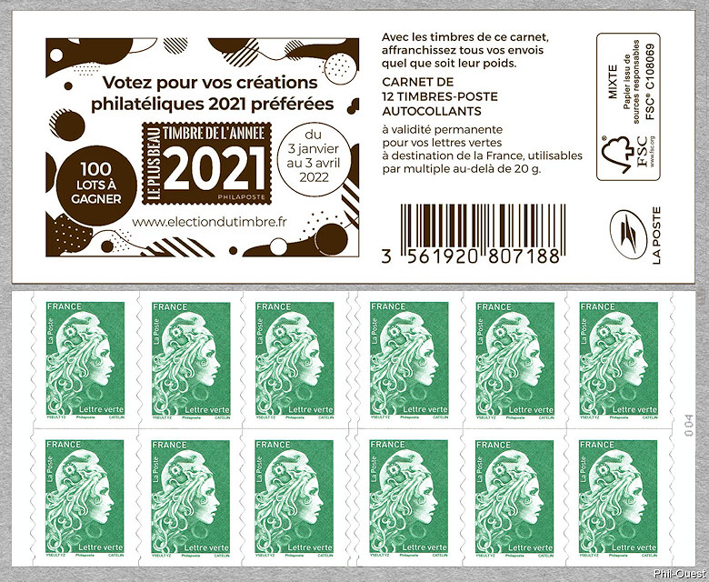 Marianne d´Yseult Digan<br /> Carnet de 12 timbres autoadhésifs pour lettre verte jusqu´à 20g<br />Élection du plus beau Timbre de l´année 2021 - Votez pour vos créations philatéliques 2021