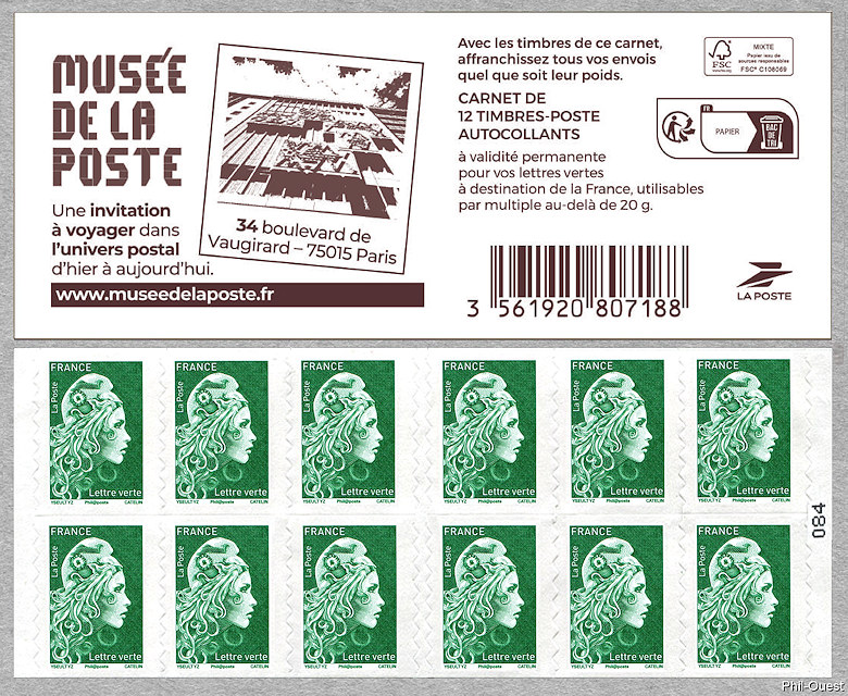 Marianne d´Yseult Digan<br /> Carnet de 12 timbres autoadhésifs pour lettre verte jusqu´à 20g<br />Musée de La Poste