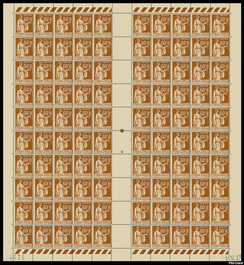 Feuille de 100 timbres du type Paix 3ème série 60c bistre