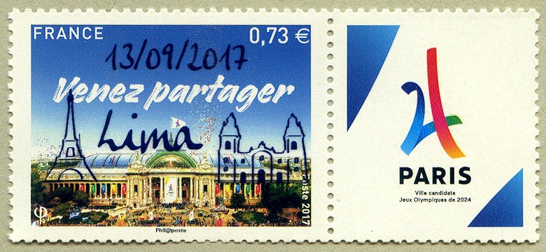 Image du timbre PARIS ville candidate aux Jeux Olympiques 2024 « Venez partager Lima 13/09/2017 »