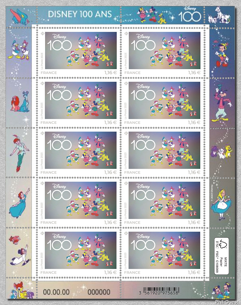 Disney 100 ans - La feuille de 10 timbres - Timbre de 2023