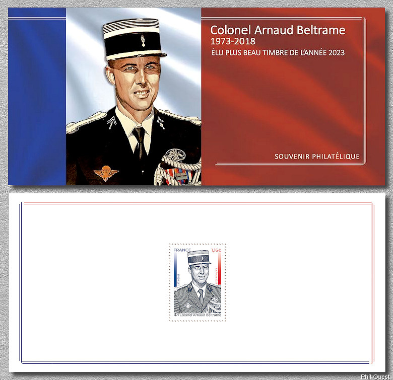 Colonel Arnaud Beltrame  1973-2018
<br />
Élu plus beau timbre de l’année 2023