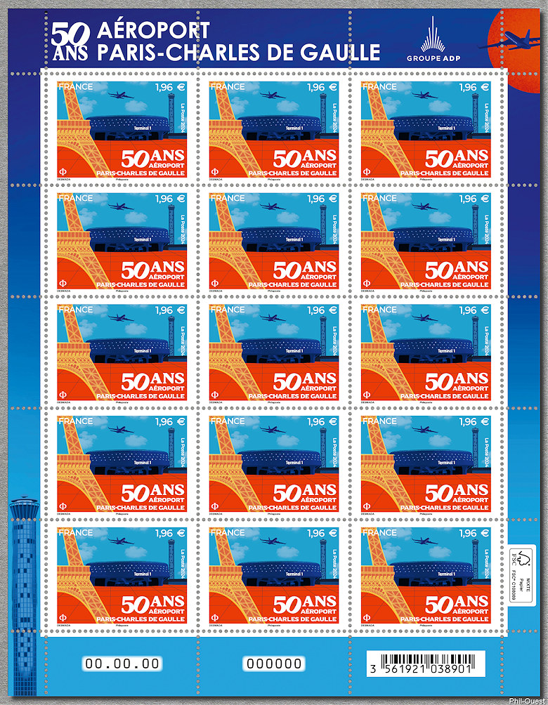Image du timbre 50 ans Aéroport Paris - Charles de Gaulle - Feuillet de 15 timbres