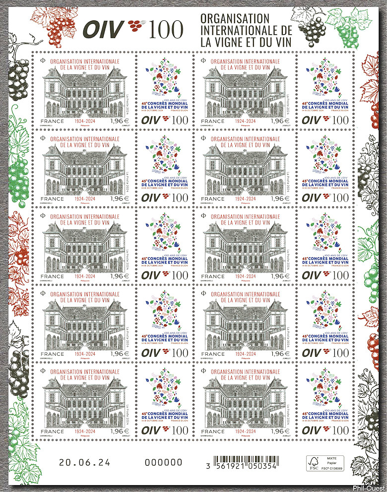 Image du timbre Organisation Internationale de la vigne et du vin 1924-2024 -  feuillet de 10 timbres avec vignette