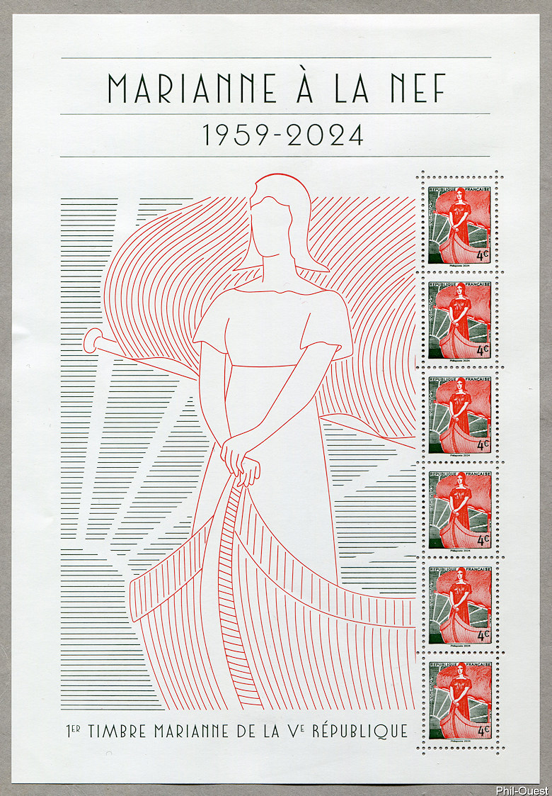 Marianne à la Nef 1959 - 2024 
<br />
Premier timbre Marianne de la V<sup>e</sup> République