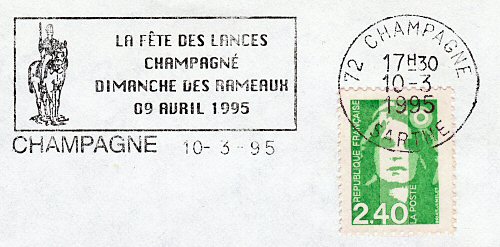 Flamme d´oblitération de Champagné
«La fête des lances Champagné Dimanche des rameaux 9 avril 1995»