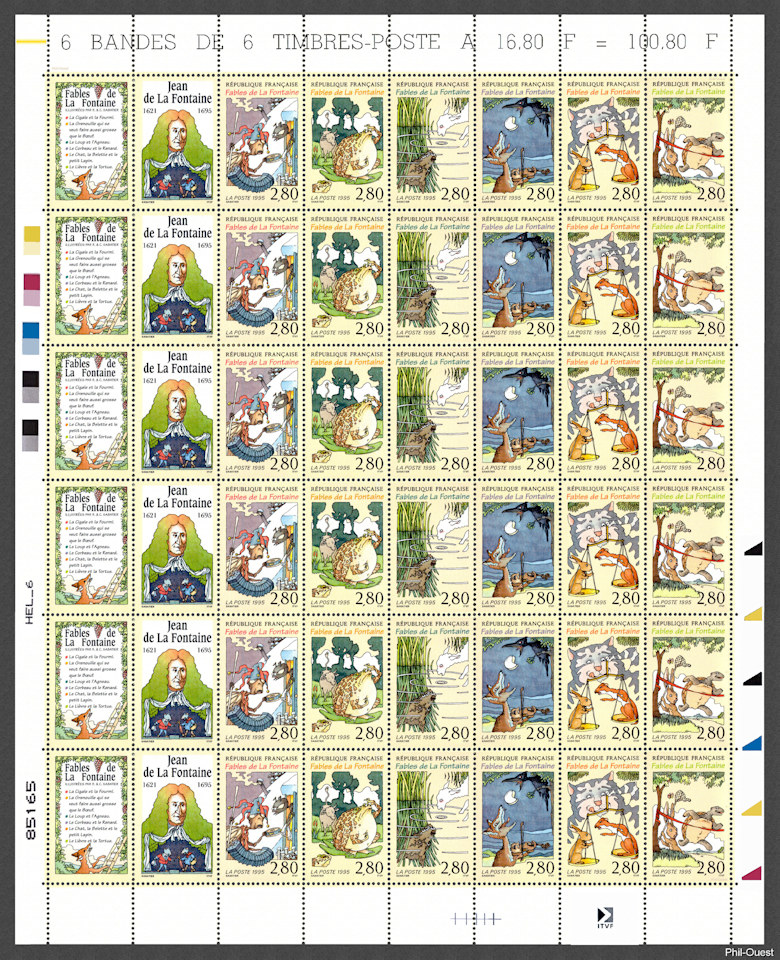 Fables de la Fontaine - Feuille de 6 bandes de 6 timbres