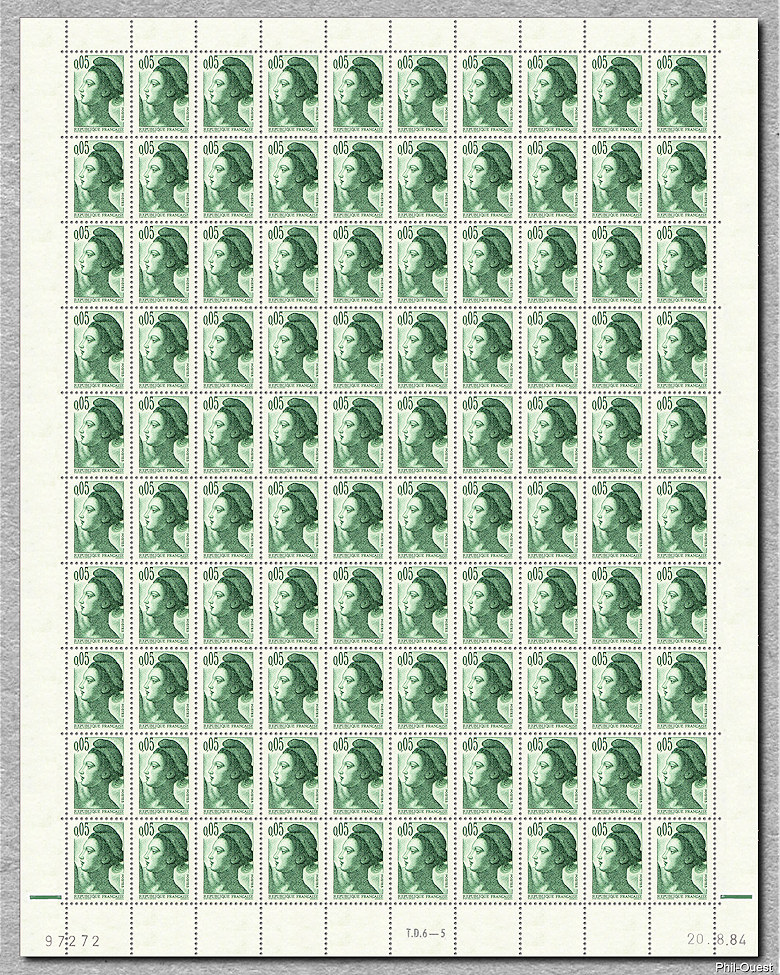 Image du timbre Feuille de 100 timbres de la République, type Liberté à 0F05