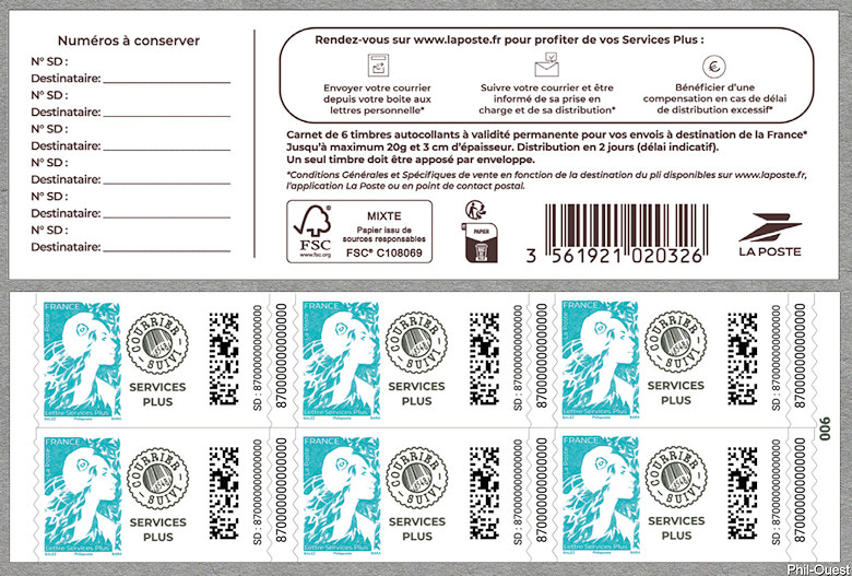 Carnet de 6 timbres Marianne l'engagée - Lettre Services Plus - La Poste