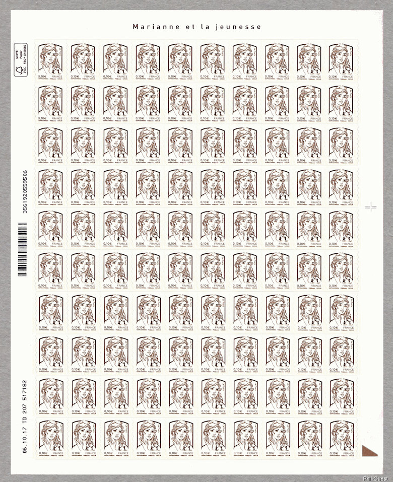 Image du timbre Marianne de Ciappa et Kawena 0,10 euro -Feuille de 100 timbres autoadhésifs