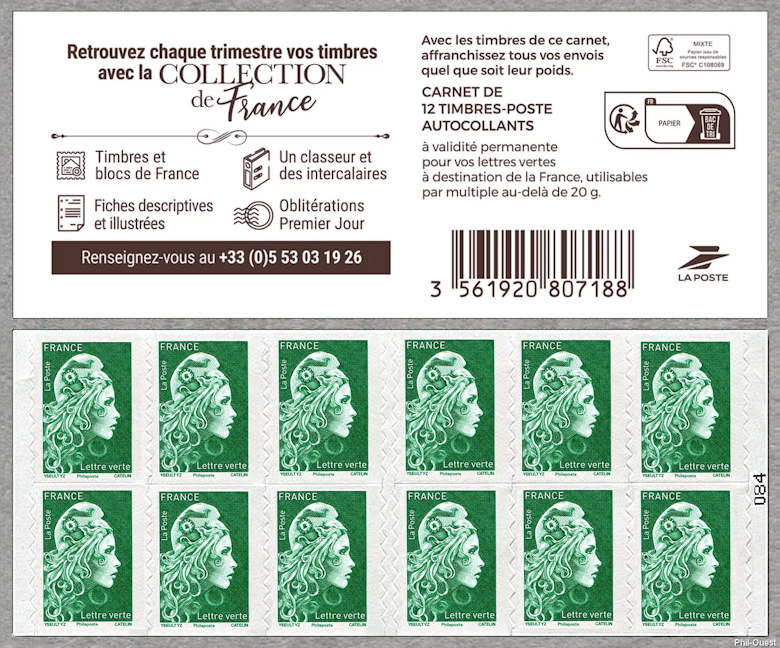 Marianne d´Yseult Digan Carnet de 12 timbres autoadhésifs pour lettre verte  jusqu´à 20g Retrouvez chaque trimestre vos timbres avec la COLLECTION de  France Carnet Marianne l´engagée - Timbre de 2023