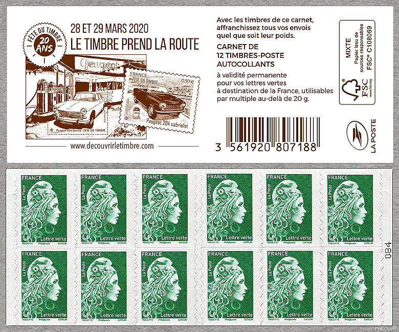 Image du timbre Marianne d'Yseult Digan- Carnet de 12 timbres autoadhésifs pour lettre verte jusqu'à 20g  - Fête du timbre-28 et 29 mars 2020 le timbre prend la route