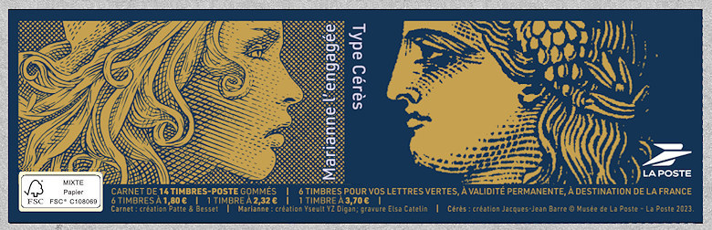 CARNET FRANCE 1598-C2 DE 10 TIMBRES MARIANNE VERTE D'YSEULT AVEC CARRÉ NOIR