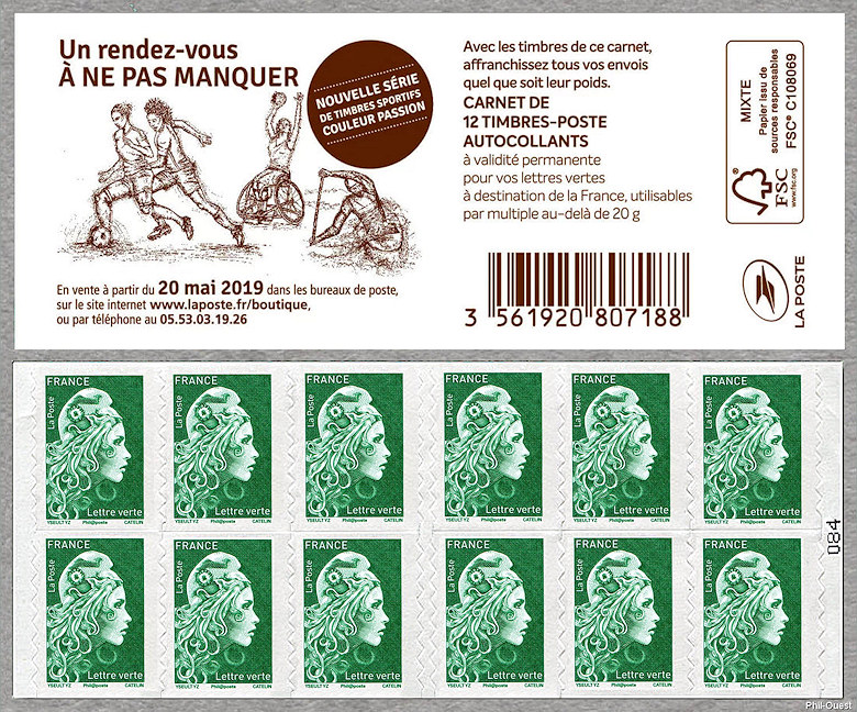 Image du timbre Marianne d'Yseult Digan- Carnet de 12 timbres autoadhésifs pour lettre verte jusqu'à 20g-Nouvelle série Timbres sportifs Couleur Passion