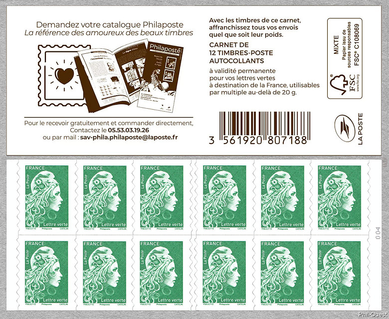 Marianne d´Yseult Digan Carnet de 12 timbres autoadhésifs pour lettre verte  jusqu´à 20g Demandes votre catalogue Philaposte La référence des amoureux  des beaux timbres Carnet Marianne l´engagée - Timbre de 2022