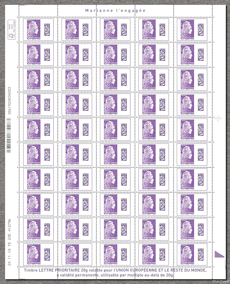 Image du timbre Dernière feuille de 50 timbres - Marianne d'Yseult Digan - Lettre prioritaire pour l'international jusqu'à 20g