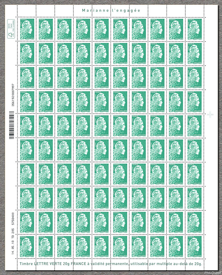 Feuille de 100 timbres de la Marianne d´Yseult Digan<br />Lettre verte jusqu´à 20g