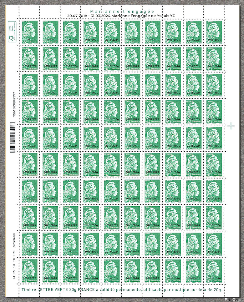 Marianne d´Yseult Digan surchargée<br />Dernière feuille de 100 timbres pour  lettres vertes jusqu´à 20g
