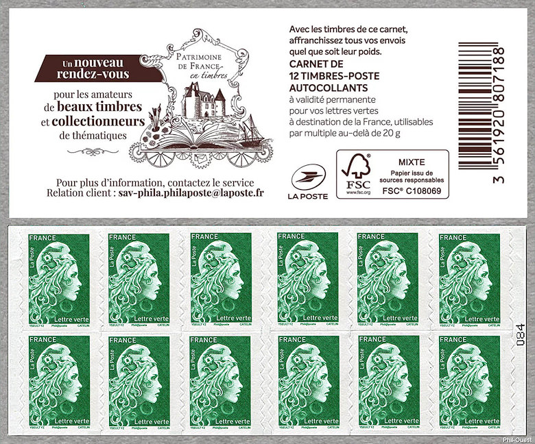 Image du timbre Marianne d'Yseult Digan- Carnet de 12 timbres autoadhésifs pour lettre verte jusqu'à 20g -Patrimoine de France en timbres