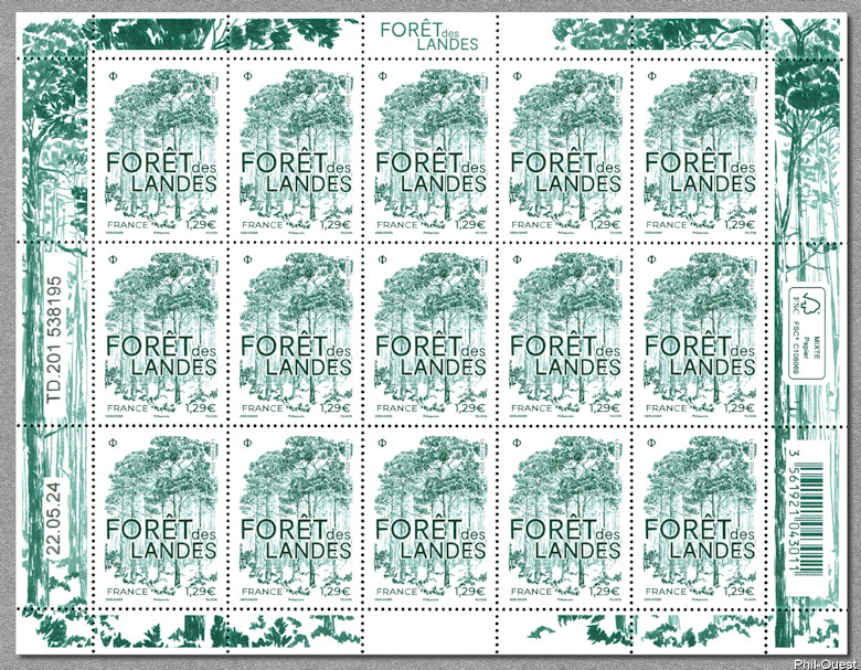 Feuille de  15 timbres de la forêt des Landes