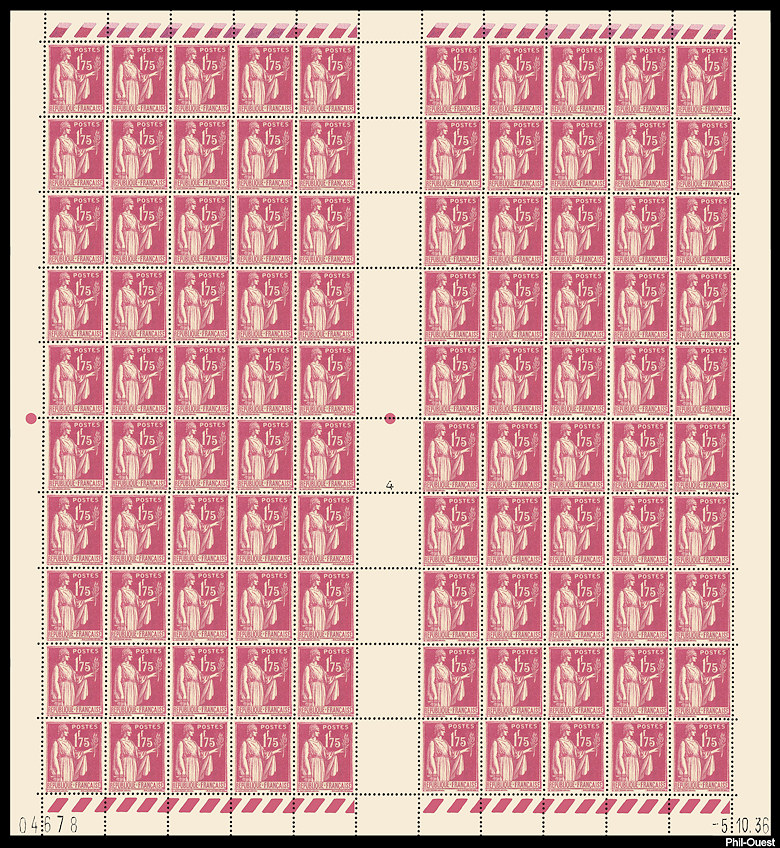 Type Paix 1ère série 1F75 rose-lilas - Feuille de  100 timbres