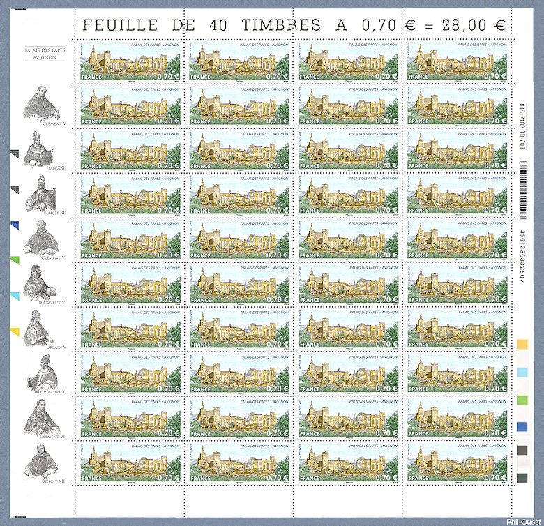 Feuille de 40 timbres du Palais des Papes - Avignon